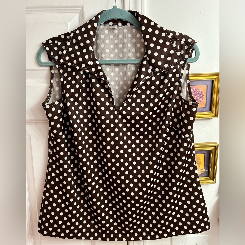 Vintage Retro Brown polka dot tank - size 14 semi sheer collared tank